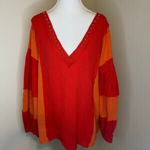 POL Studded V-Neck Colorblock Boho Blouse | Size L